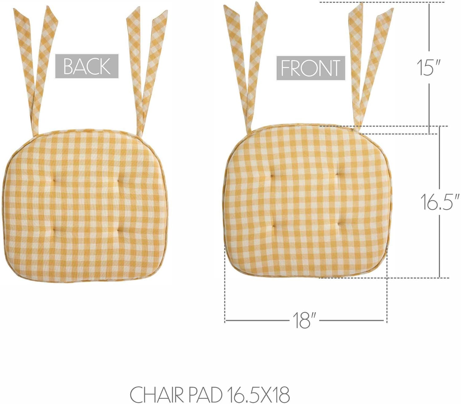 VHC Brands Buzzy Bees Primitive 16.5"x18" Chair Pad Yellow Tucked Cotton Check Tie Back(s) Rectangle Kitchen Table Decor, Set of 2