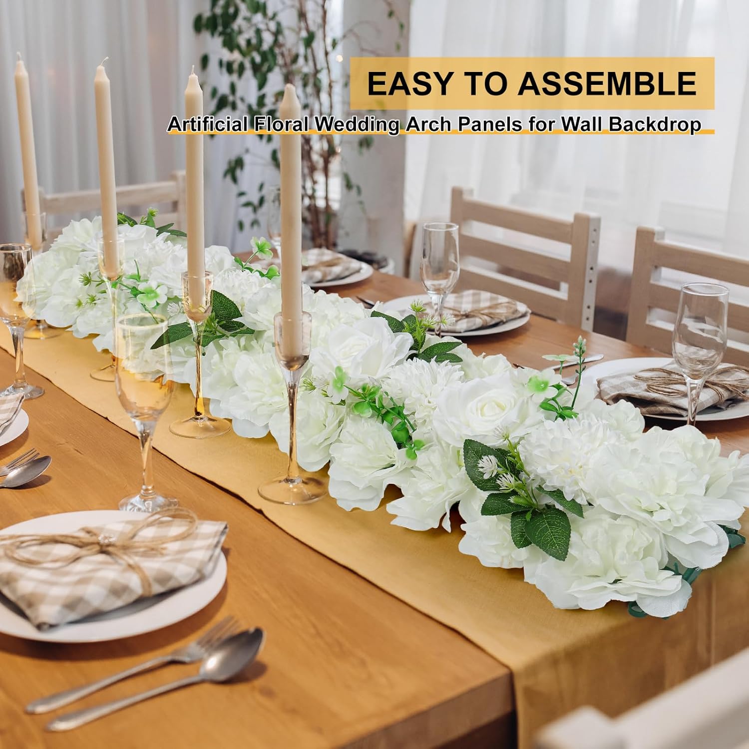 Wedding Arch Artificial Flowers Set - 10Pack White Faux Floral Silk Fake Rose Arrangements Realistic 3D Flower Row for Wedding Party Dining Table Reception Ceremony Centerpiece 20''*9.4''*3''