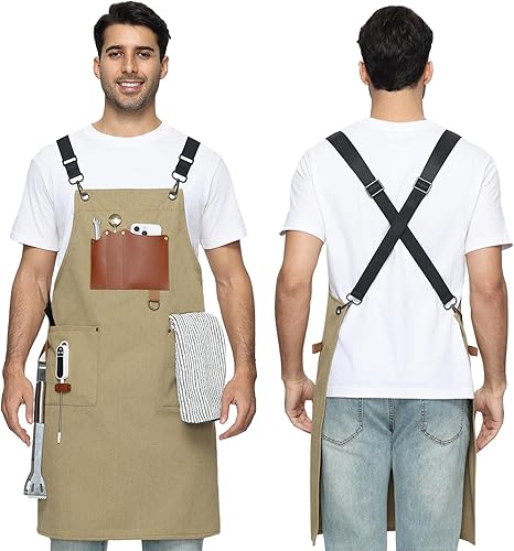 Delantales de chef para hombres profesionales, 3 bolsillos espaciosos, delantal de barbacoa para hombres y mujeres, espalda cruzada ajustable para