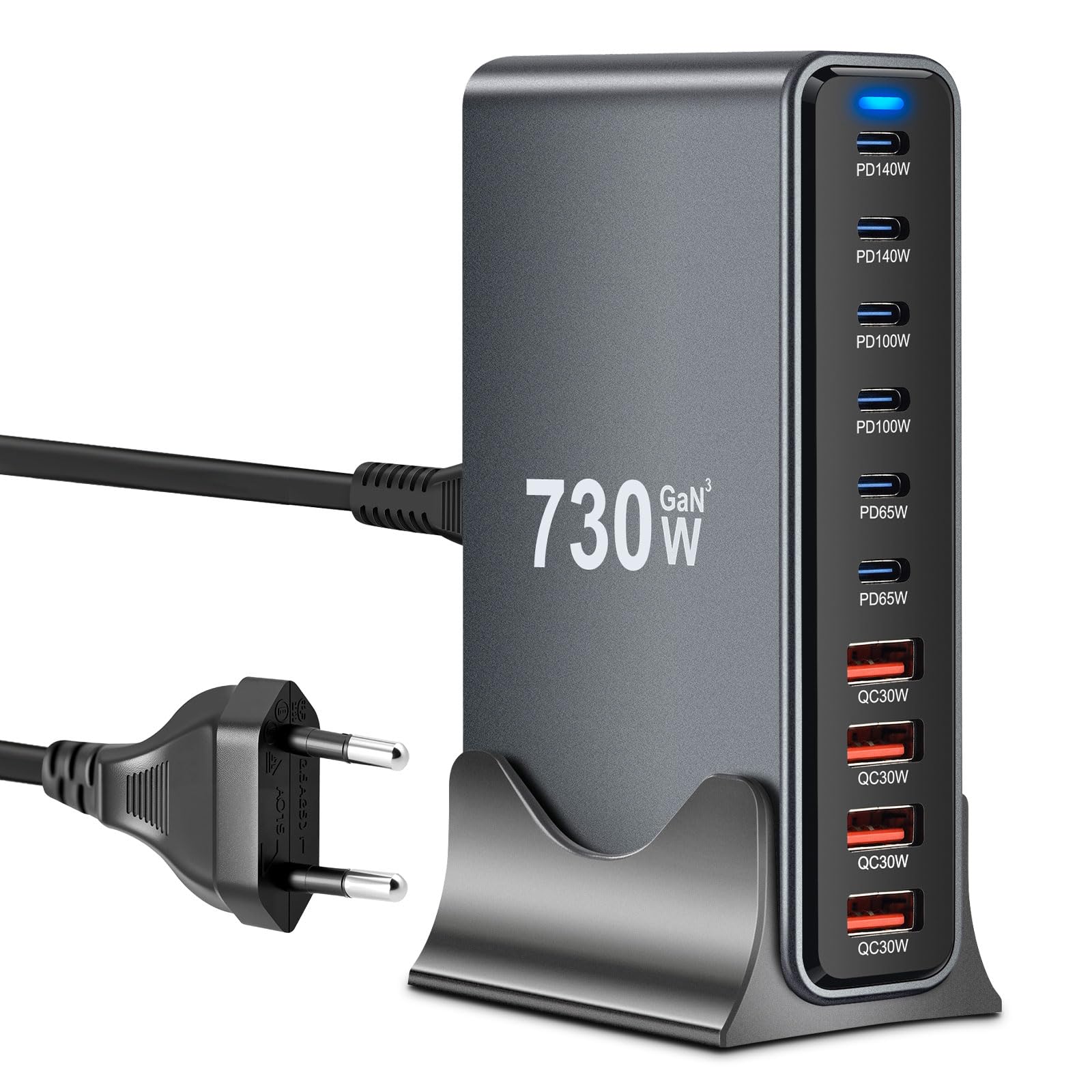GaN III Chargeur USB C 730 W avec 10 ports, chargeur rapide USB GaN III avec 6 ports USB-C et 4 ports USB-A, Power Delivery, station de charge USBC pour MacBook Pro/Air, iPhone, iPad, Samsung plus
