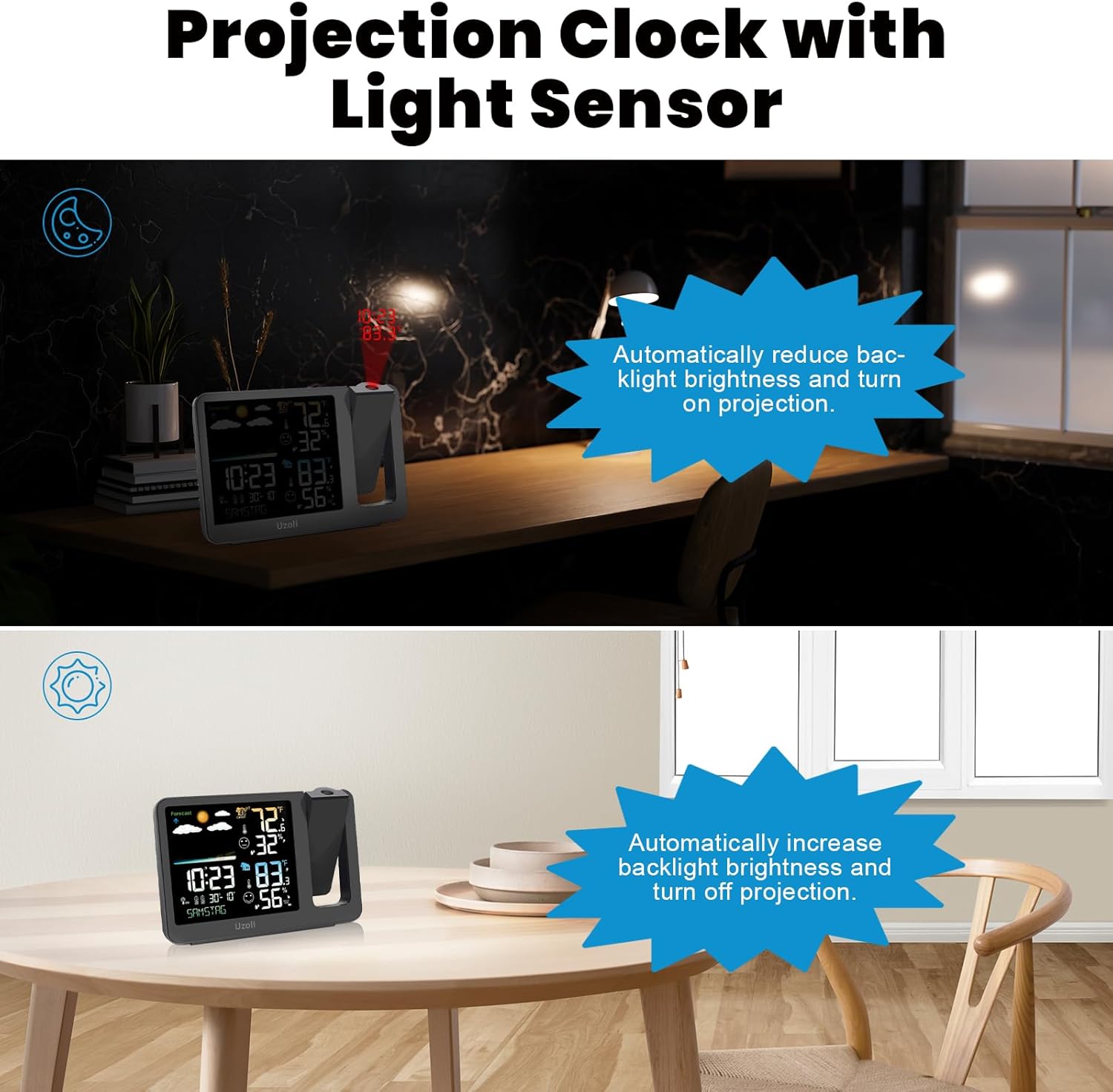 uzoli Projection Alarm Clock Weather Station, WWVB Atomic Projector Clock with Sensor, Adjustable Backlight, Indoor Outdoor Temperature Humidity, Digital Projection Clock for Bedroom Ceiling