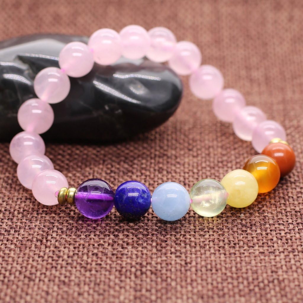 HsingFu Girls Natural Crystals 7 Chakra Rose Quartz Yoga Meditation Healing Bracelet S, pink, Small - Image 4