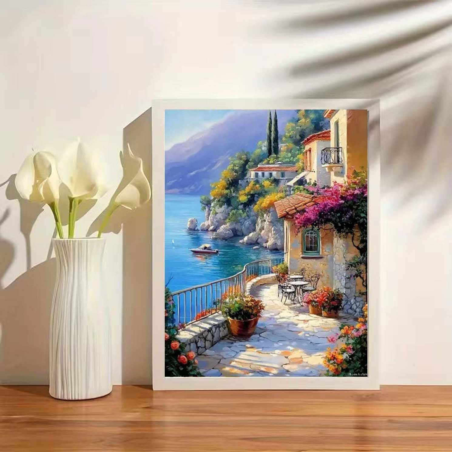 GEMOUJ Paint by Numbers Kits for Adult,Scenery Paint by Numbers Kit for Seaside Town, DIY Acrylic Painting on Canvas for Adult, Home Wall Decor 16 x 20 inch