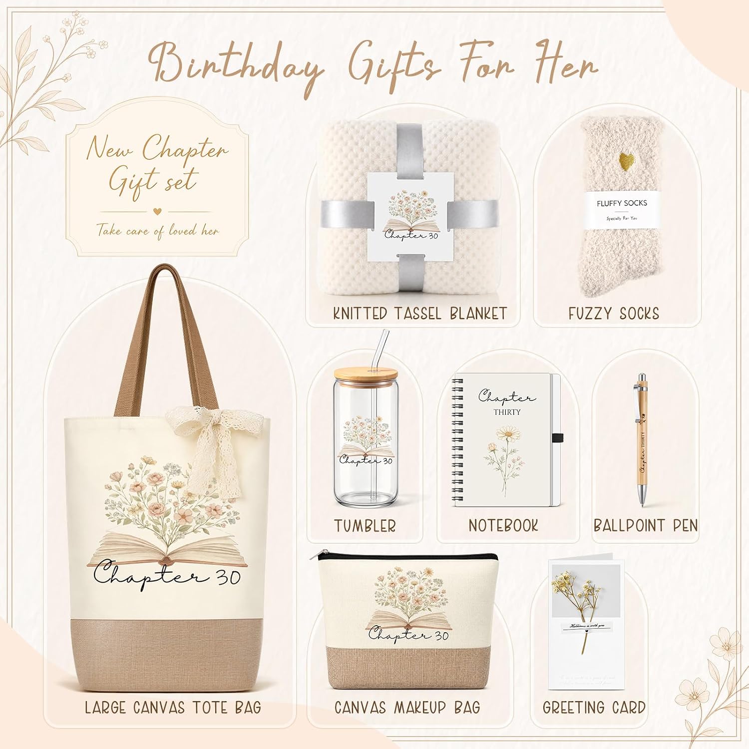 30th Birthday Gifts for Women Chapter 30 Year Old Birthday Gifts for Women with Tote Bag Cosmetic Bag Blanket for Her Sister Friend Wife Daughter Mom Coworker