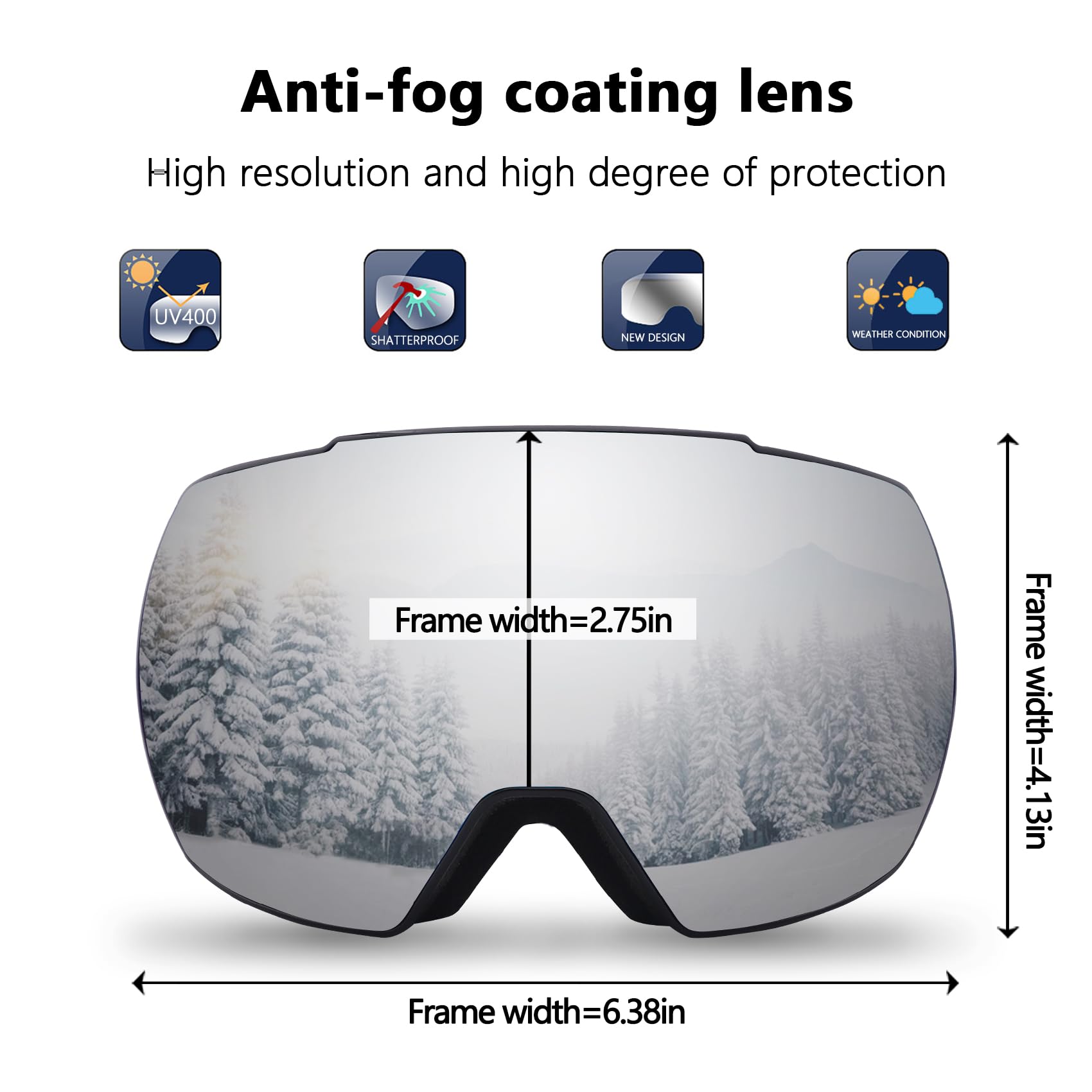 OULAIQI Ski-Schneebrille, OTG, UV400-Schutz, Anti-Beschlag, Skifahren, Skaten, Snowboarden, Snowboardbrille für Herren, Damen, Jugendliche (Schwarz-Silber)