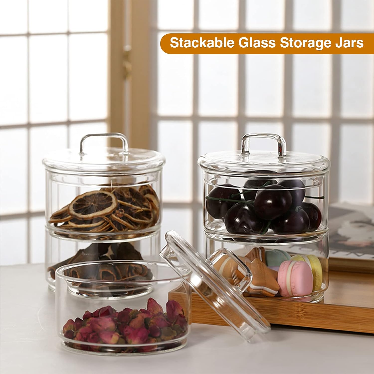 Glass Storage Jars with Lid,Multi-Tier Stackable Containers Kitchen Food Canisters Sweets Canning Glass Jar 4-Tier