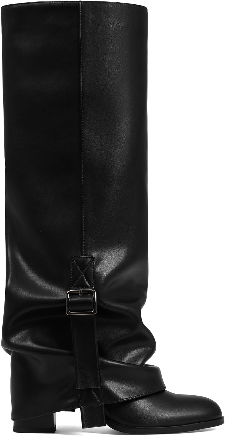 Wide Calf Knee High Boots For Women Fold Over Slouchy Round Toe Buckle Tall Shoes