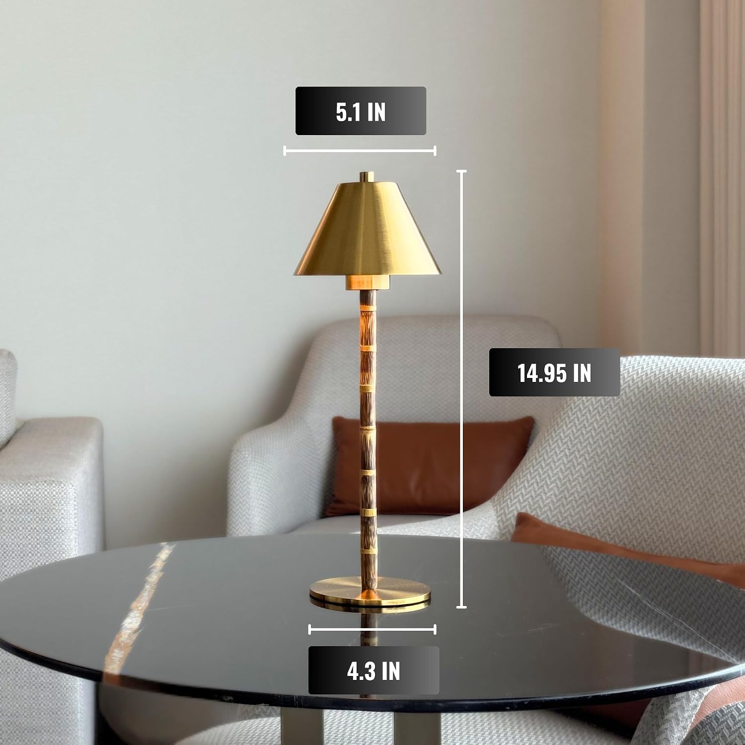 Bamboo Cordless LED Table Lamp – Rechargeable 24-Hour Battery, Dimmable Warm Light, 15" Portable Wireless Lamp with Remote for Indoor/Outdoor Use, Home, Patio, Restaurant – Polished Gold