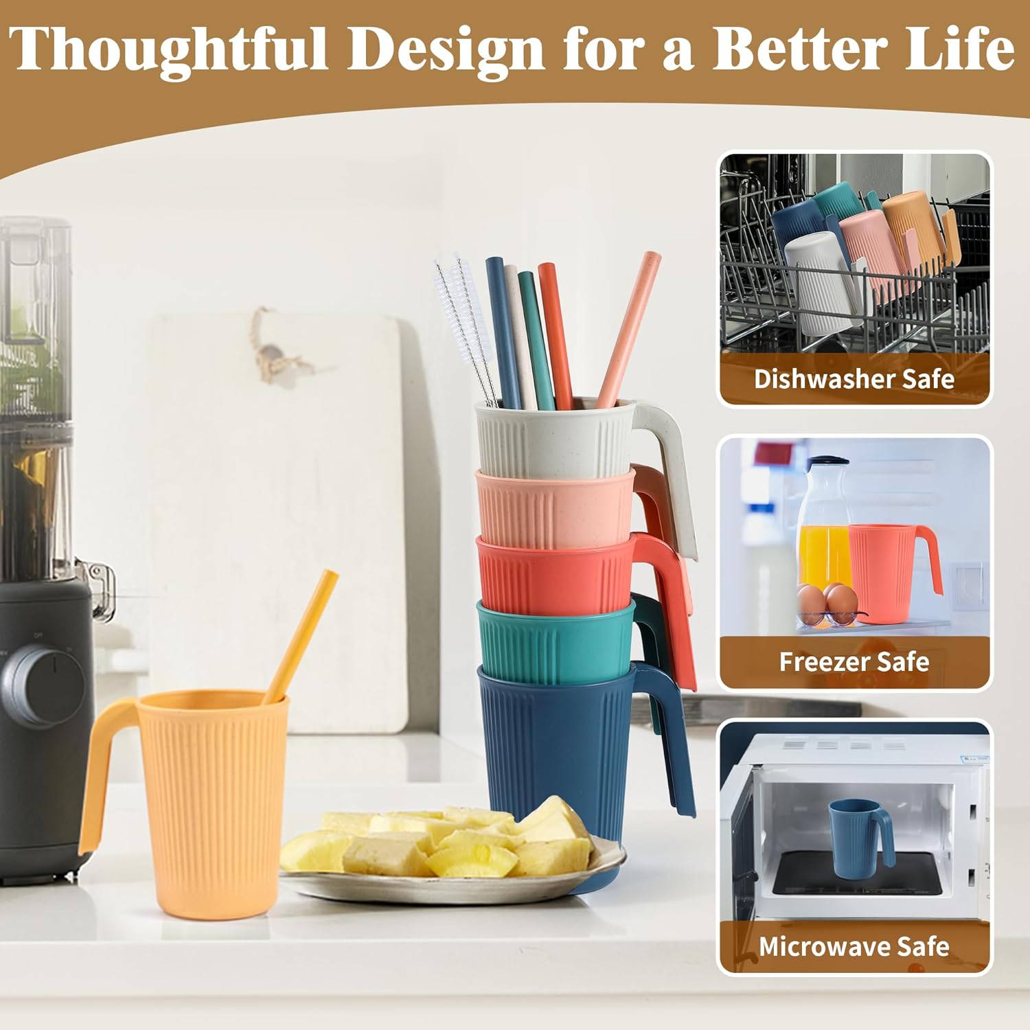 Wheat Straw Coffee Mugs 6-Pack– Unbreakable & Lightweight Cups, 12oz Stackable Cups with 6 Detachable Straws & 2 Cleaning Brushes (Colorful, 12, Fluid Ounces) - Image 5