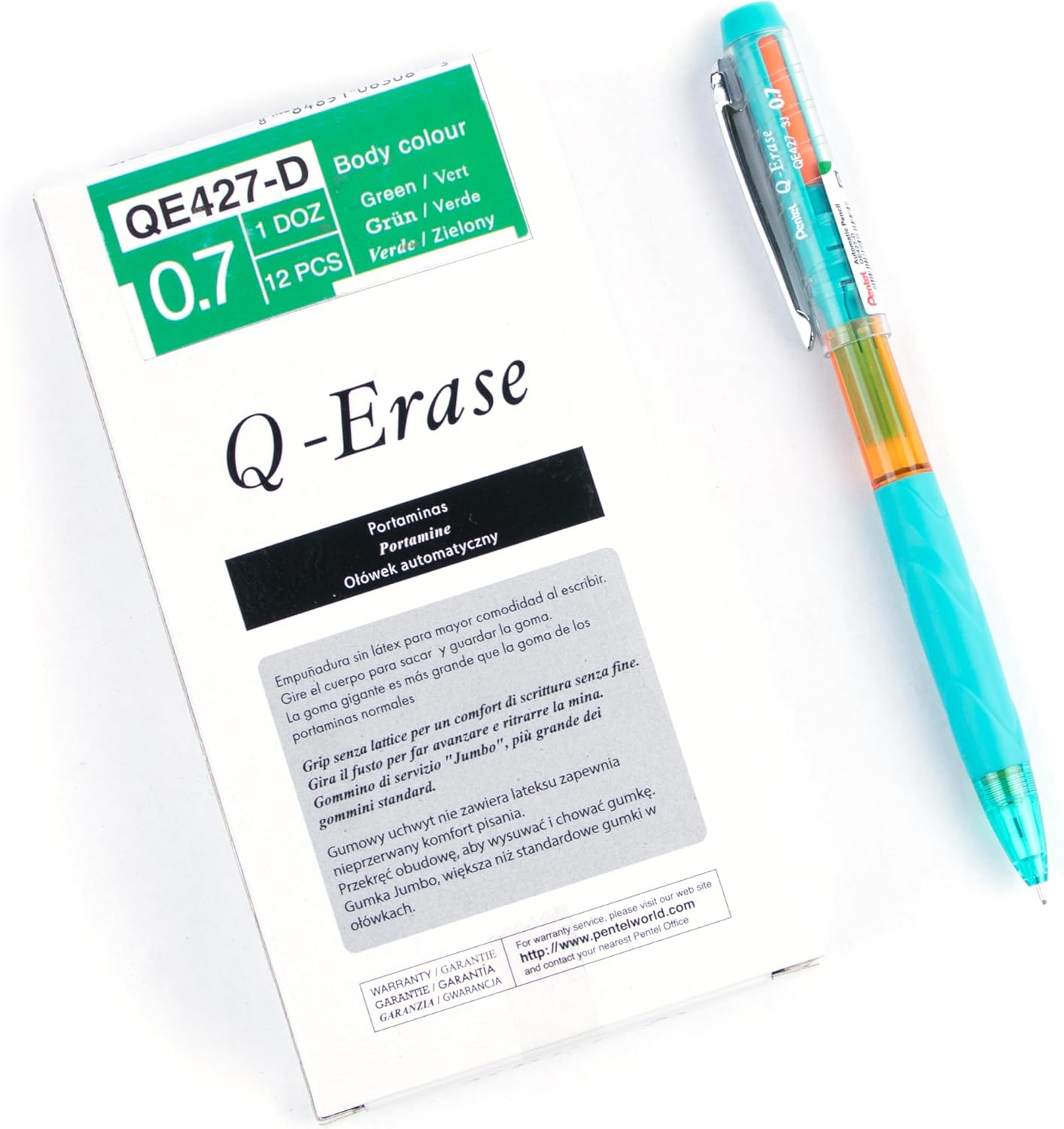 Pentel Q-Erase QE425 Mechanical Pencil with Retractable Eraser 0.5mm HB Hardness (Pack of 12)