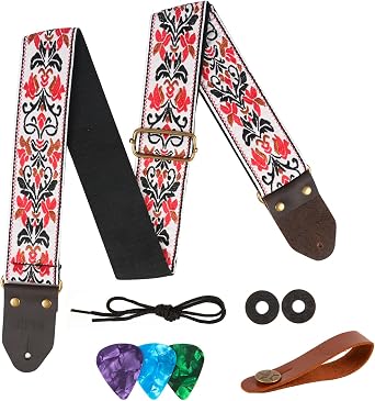 Guitar Strap,Jacquard Embroidered Cotton Guitar Straps with Real Leather Ends for Acoustic Guitars