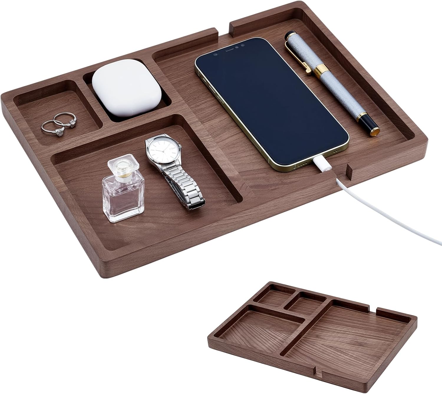 4 Piece Wooden Desk Organizer Tray With Pen Holder, Walnut Wood Pencil Holder, Minimalist Desk Accessories, Mens Valet Tray Office Supplies, Stationery Pen Key Wallet Catchall Trays