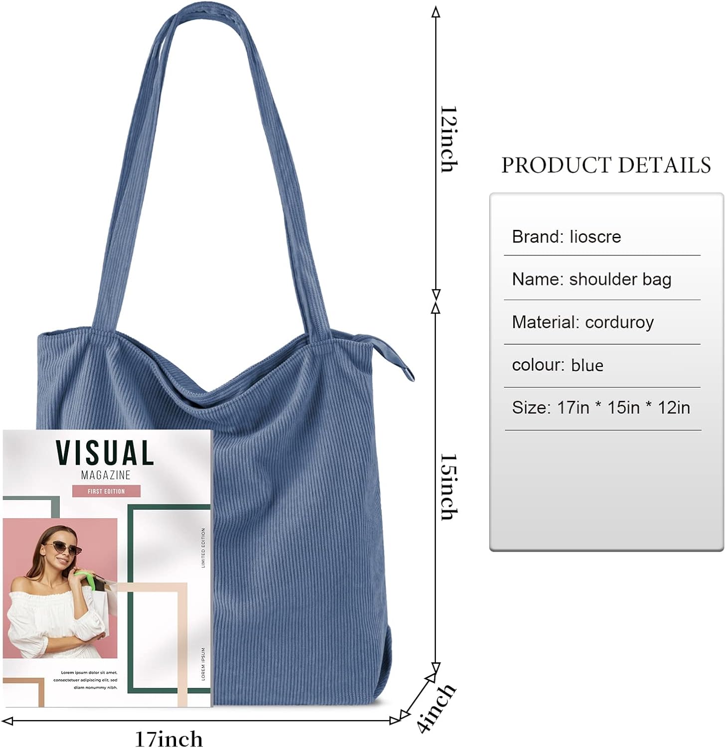 Iioscre Corduroy Tote Bag for Women,Hobo HandBags with Zipper,Large Capacity Casual Shoulder Handbags with Inner Pockets - Image 4