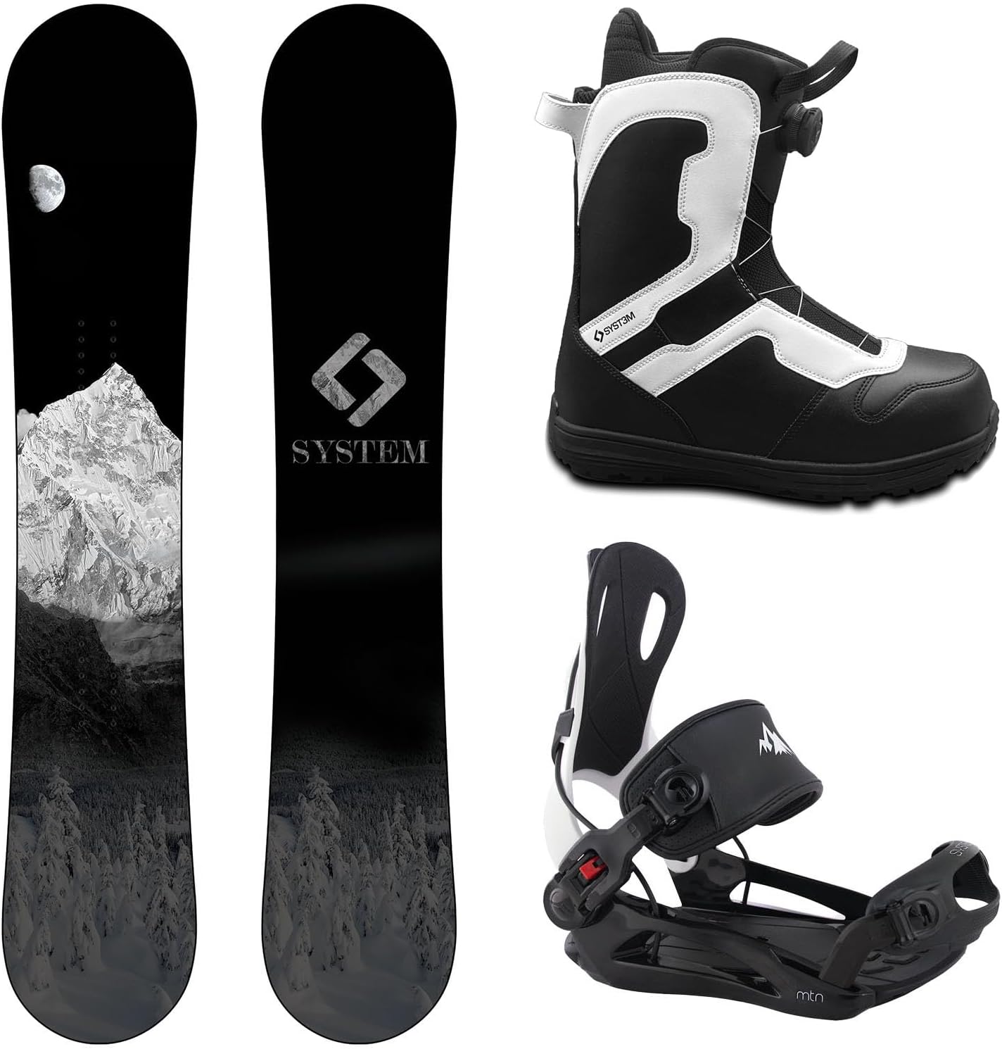 System MTN Snowboard and MTN Rear Entry Step in Bindings w/Pro Twist Boots Men's Complete Snowboard Package