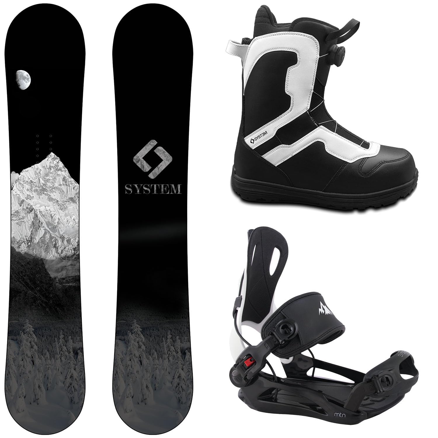 System MTN Snowboard and MTN Rear Entry Step in Bindings w/Pro Twist Boots Men's Complete Snowboard Package