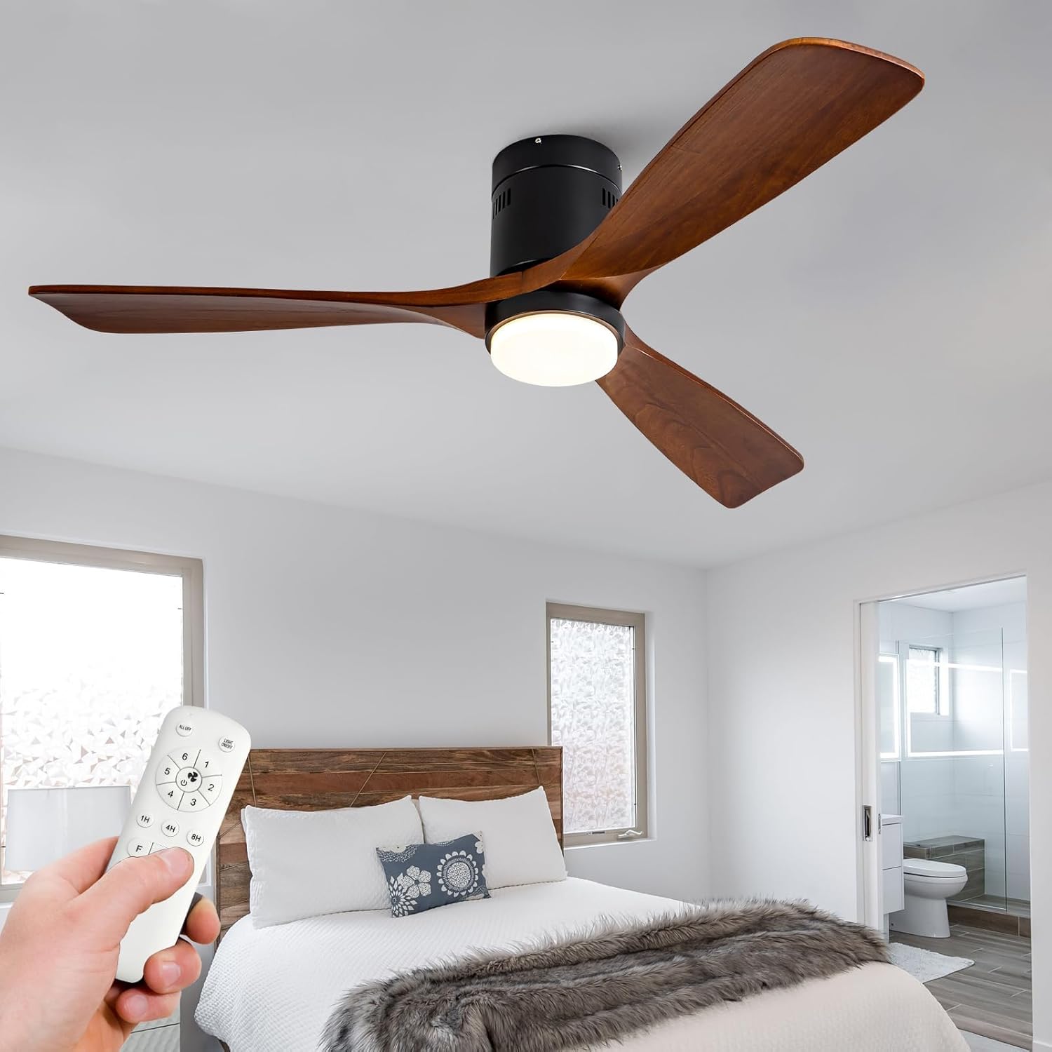 BOJUE 52 Inch Ceiling Fans with Lights, Low Profile Ceiling Fan with light and Remote Control, Flush Mount Indoor/Outdoor Black Ceiling Fan for Patios Bedroom,3 Walnut Wood Blades,Noiseless DC Motor Flush Mount Walnut 52 inch