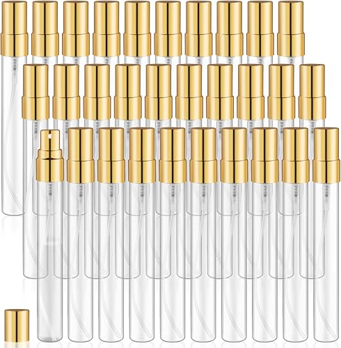 30 Pack Empty Mini Glass Spray Bottle Refillable Fine Mist Perfume Atomizer Portable Travel Sample Spray Bottles Containers For Perfume Essential Oils Cosmetics Liquid (clear bottle, 10ml)