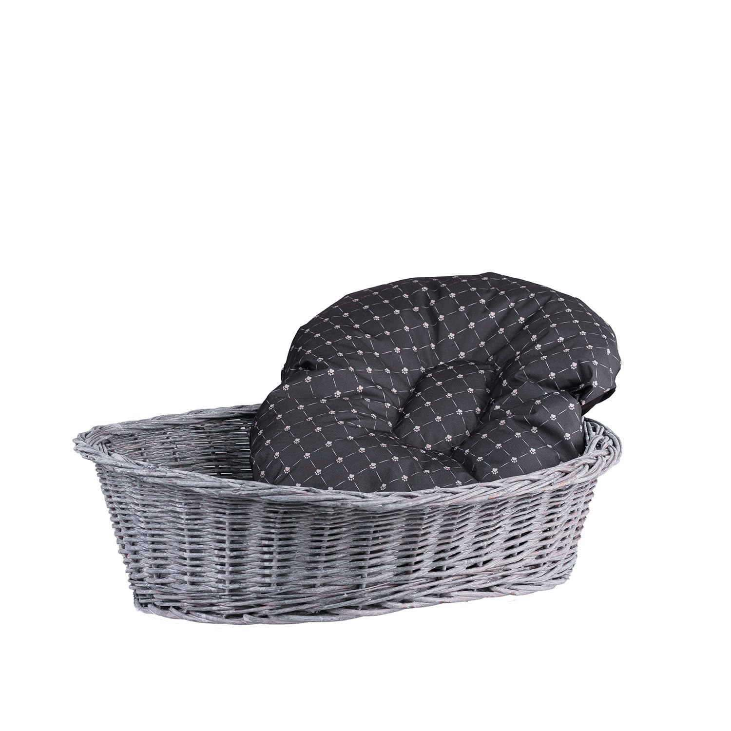 Cesta para perros de mimbre para perros y gatos, cama para perros y gatos, cama con cojín, cesta para animales trenzada, cesta para gatos (gris_negro, 80 x 60 cm, altura 26)
