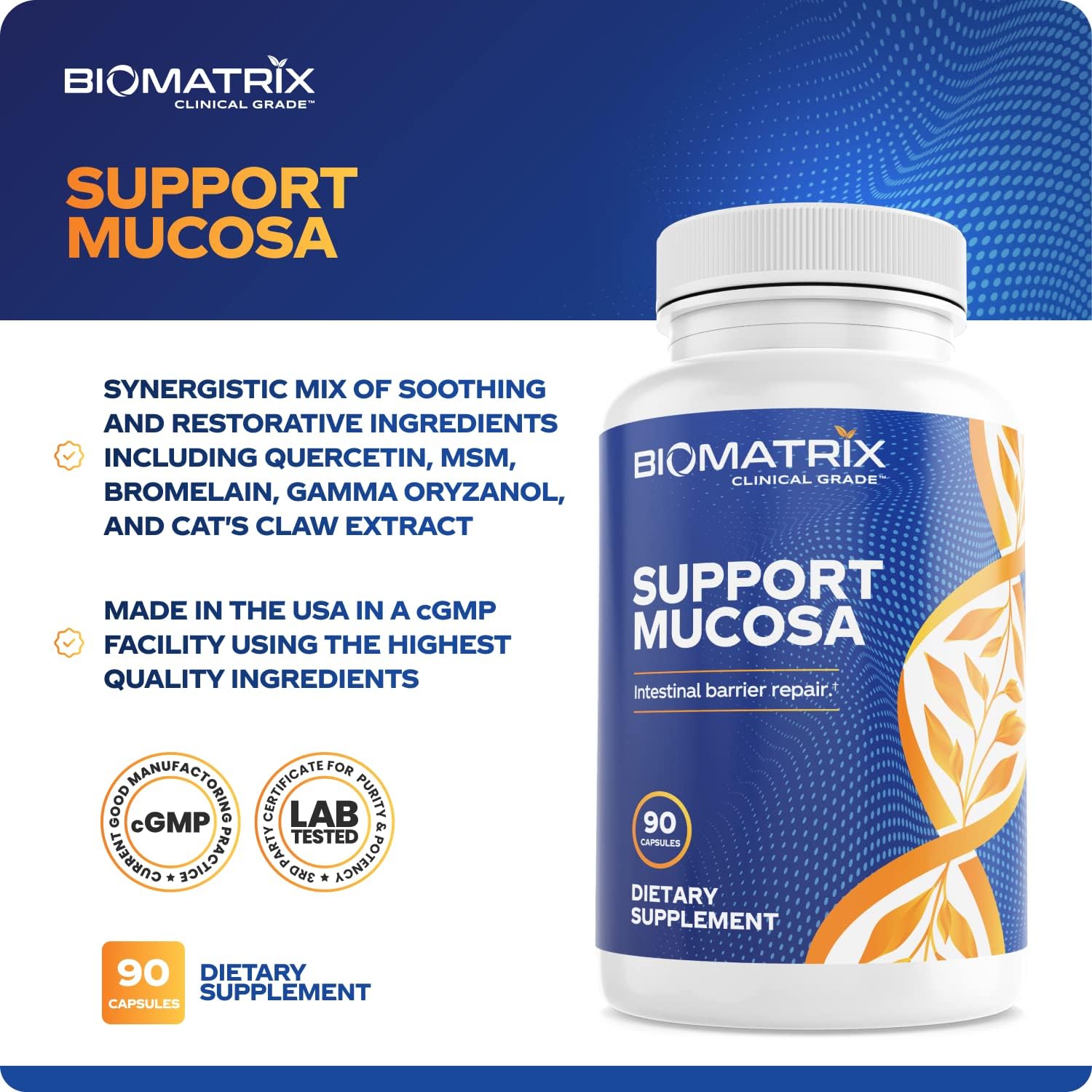 BioMatrix Leaky Gut, IBS Supplement w/L-Glutamine, Turmeric Root, Cat’s Claw, MSM, Quercetin, SIBO Friendly - Support Mucosa | 90 Caps