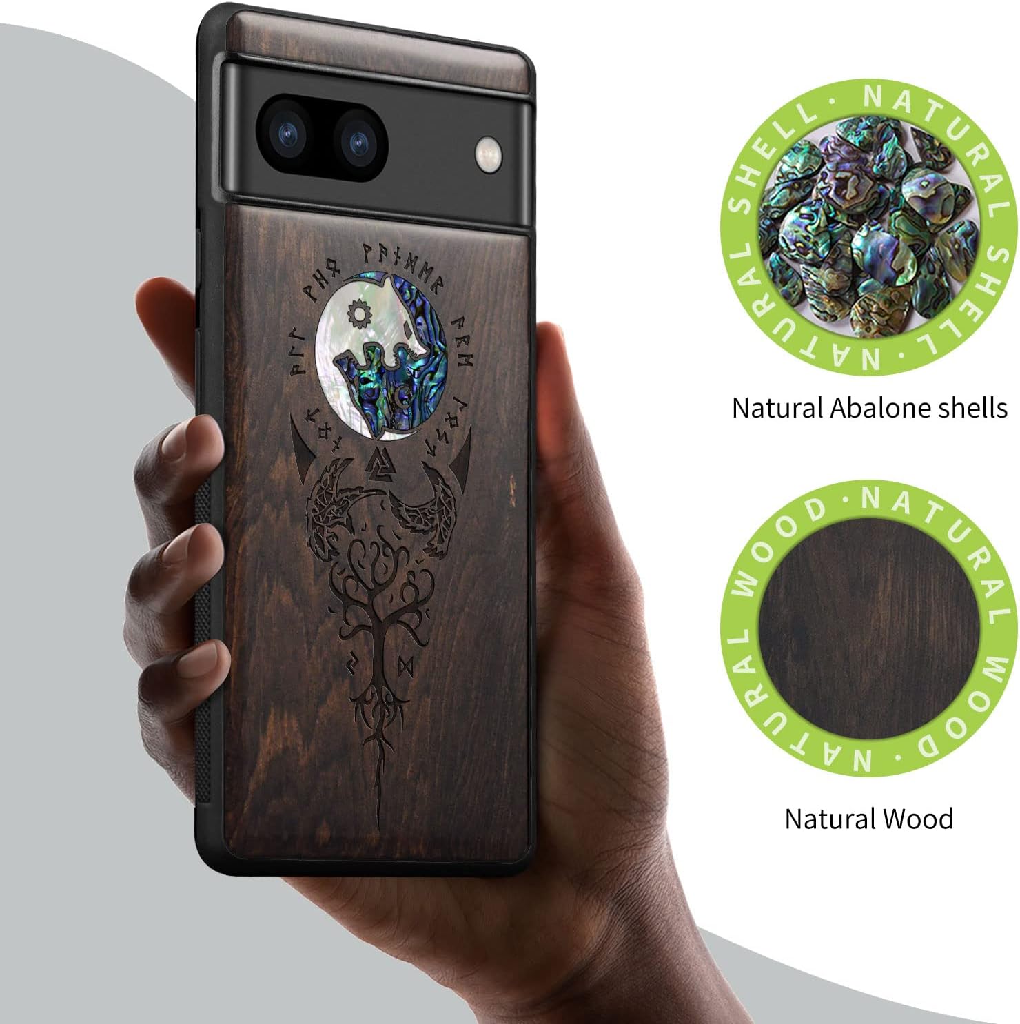 Carveit Designer Wooden Case for Google Pixel 8 Case Protective Cover [Wood Engraving & Shell Inlay] Compatible with Wireless Chargers Pixel 8 (Yin Yang Wolf-Blackwood)