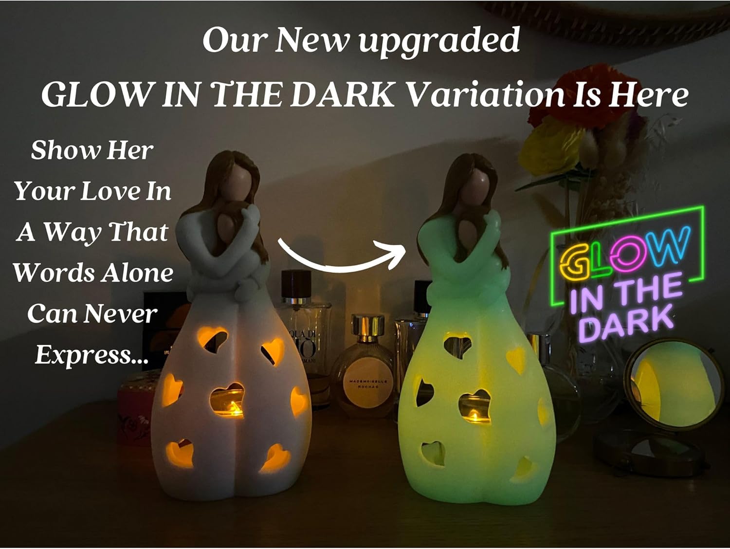 Mother-Daughter Glow in The Dark Candle Holder Statue with Flickering LED Candle | Hand-Painted - Unique Gifts for Mother's Day, Christmas, Birthday | Greeting Card Included