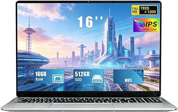 FUNYET 2026 Ordinateur Portable 16 Pouces Win 11 Pro 16 Go RAM 512 Go SSD PC Portable Celeron N95 Jusqu'à 3.4 GHz 6000mAh Battery Laptop 1920×1200 USB 3.0 BT 5.0 WiFi 5 HDMI Clavier Rétroéclairé - 1
