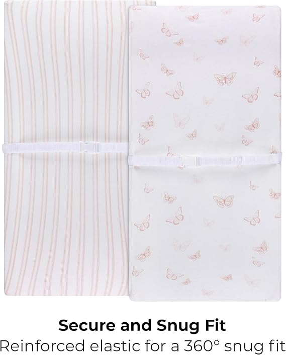 Elys & Co. Changing Pad Cover, Diaper Changing Table Sheets, 2 Pack, Cradle Sheet Set for Baby Girls, 100% Jersey Knit Cotton, 32x16x5 Pink Butterfly + Stripe Collection