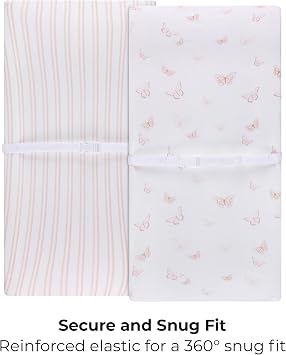 Elys & Co. Changing Pad Cover, Diaper Changing Table Sheets, 2 Pack, Cradle Sheet Set for Baby Girls, 100% Jersey Knit Cotton, 32x16x5 Pink Butterfly + Stripe Collection