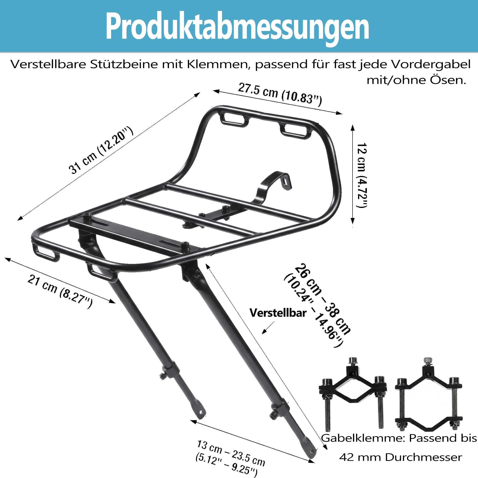 Fahrrad-Frontgepäckträger, Stabiler Aluminium Gepäckträger | Vordergepäckträger für Pendelverkehr & Touren, robust & klapperfrei, verstellbar, 6061-T6-Aluminium, einfache Installation