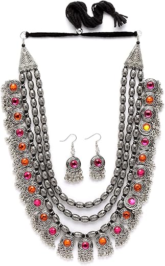 Shining Diva Fashion Latest Stylish Fancy Oxidised Silver Tribal Necklace Jewellery Set for Women (12164s), Multicolour, One