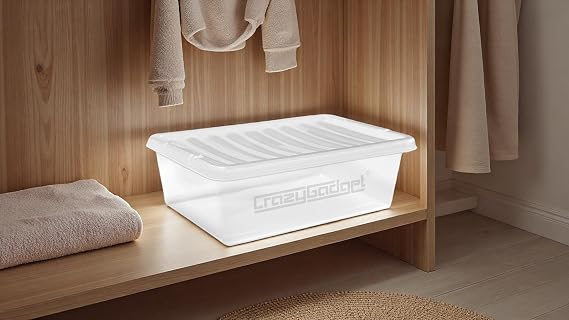 CrazyGadget® 32L 32 Litre Large Underbed Plastic Storage Clear Box Strong Stackable Container - Made In U.K. - Pack of 10