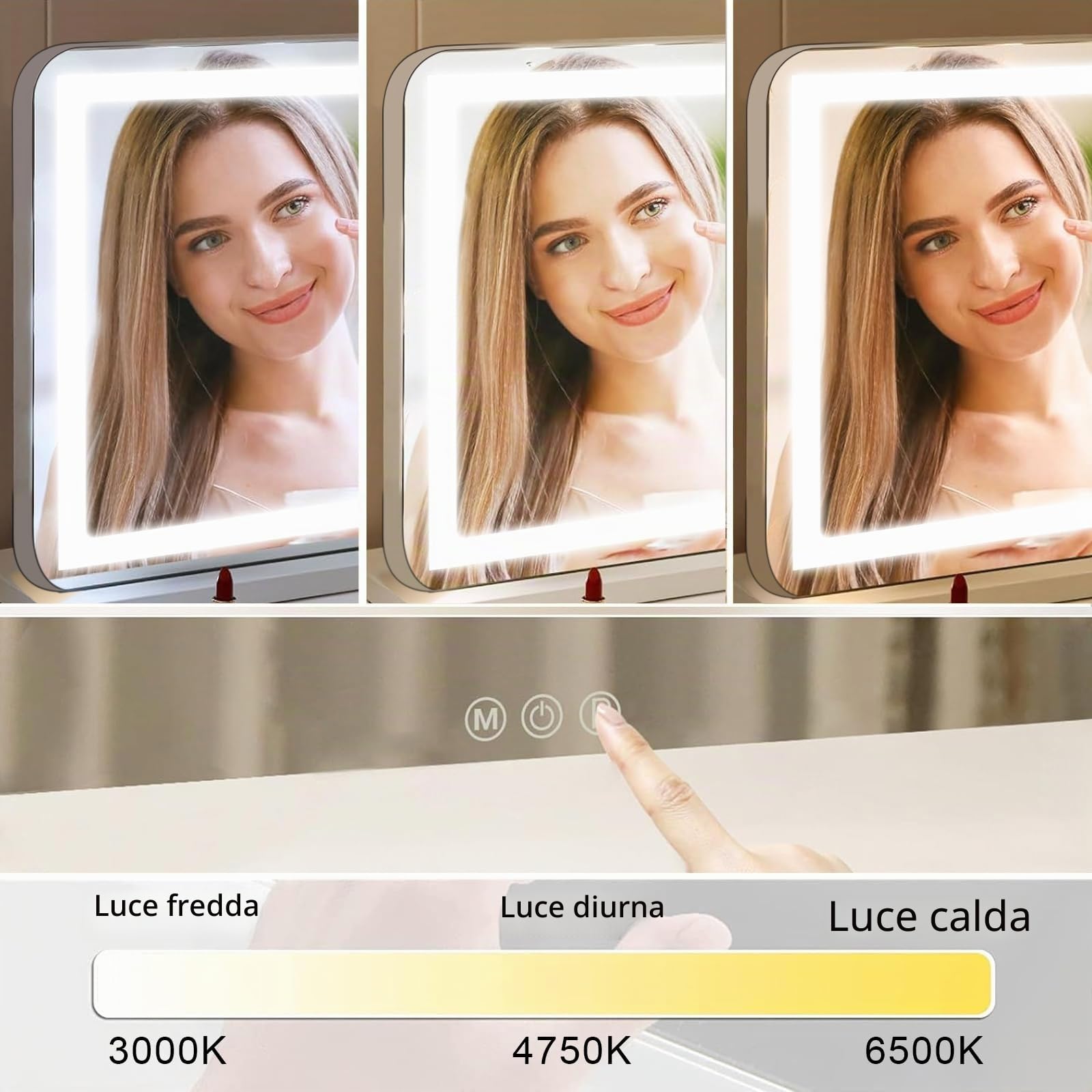 Specchio Trucco con Luci, 80x60cm Hollywood Specchio Trucco con Luce LED, Specchio da Tavolo con Controllo Tattile e 3 Modalità di Illuminazione - Vanity Mirror Make Up