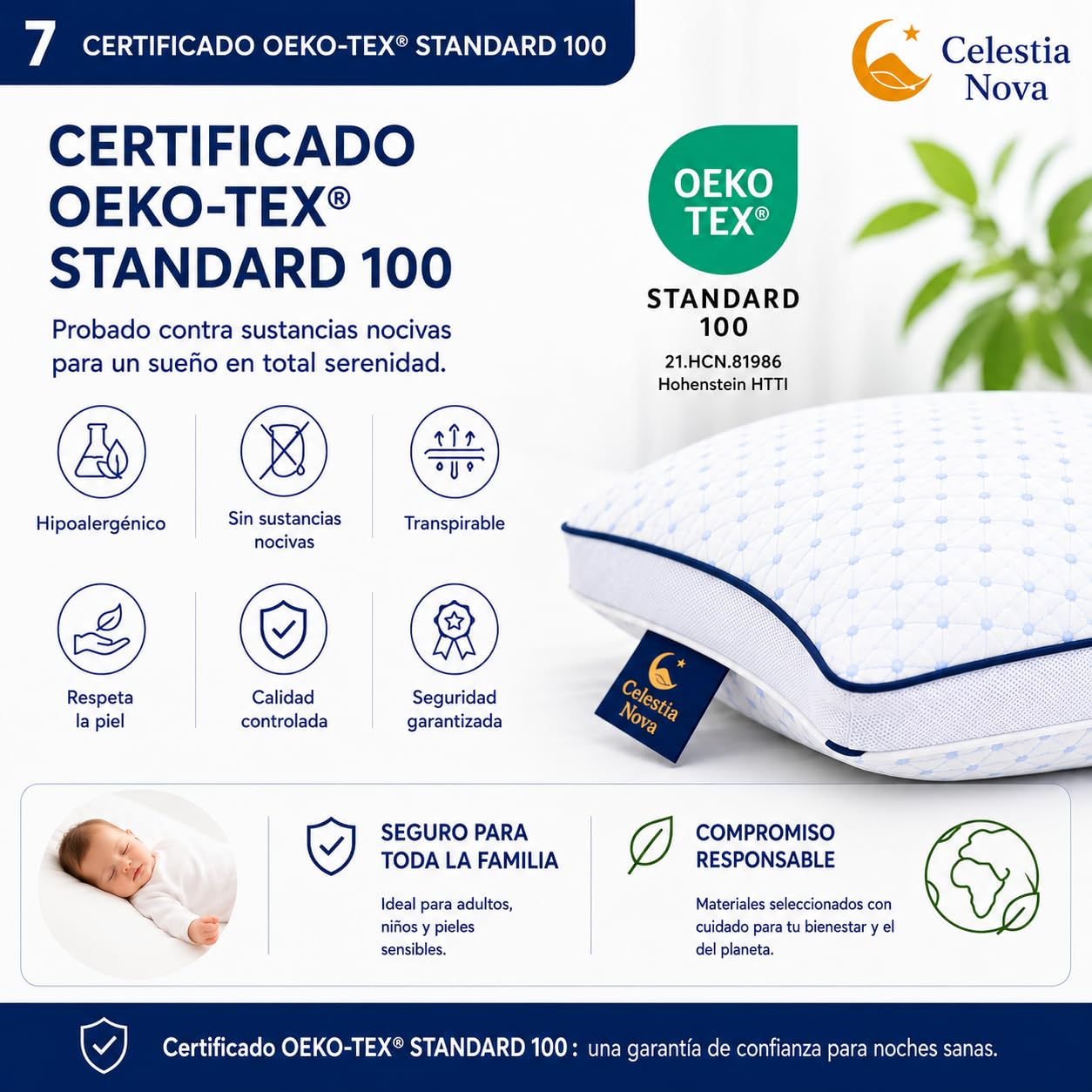 Celestia Nova Almohada ergonómica de Memoria para el Cuello Almohada ortopédica Ajustable para el Dolor de Cuello y Soporte en el Cuello – Doble Cara Fresca – Funda Lavable – 60x50 cm