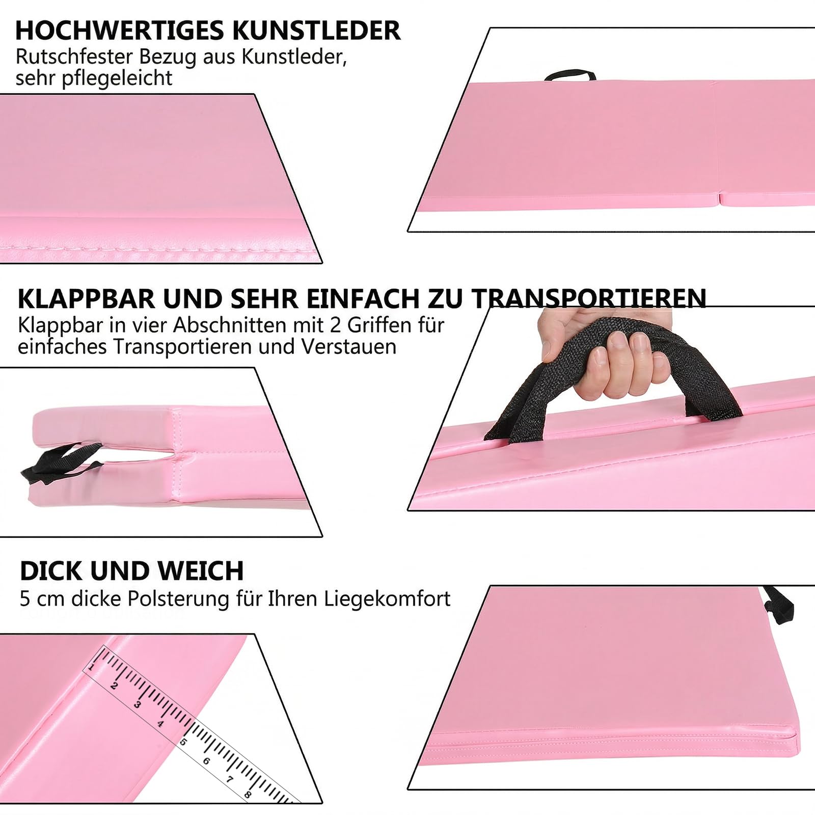 HOMCOM Trainingsmatte, Faltbare Fitnessmatte Sportmatte mit Griffen Gymnastikmatte Gymnastik Tumbling Matte für Yoga, MMA, Fitness, Pilates, Synthetikbezug, Rosa, 180 x 60 x 5 cm
