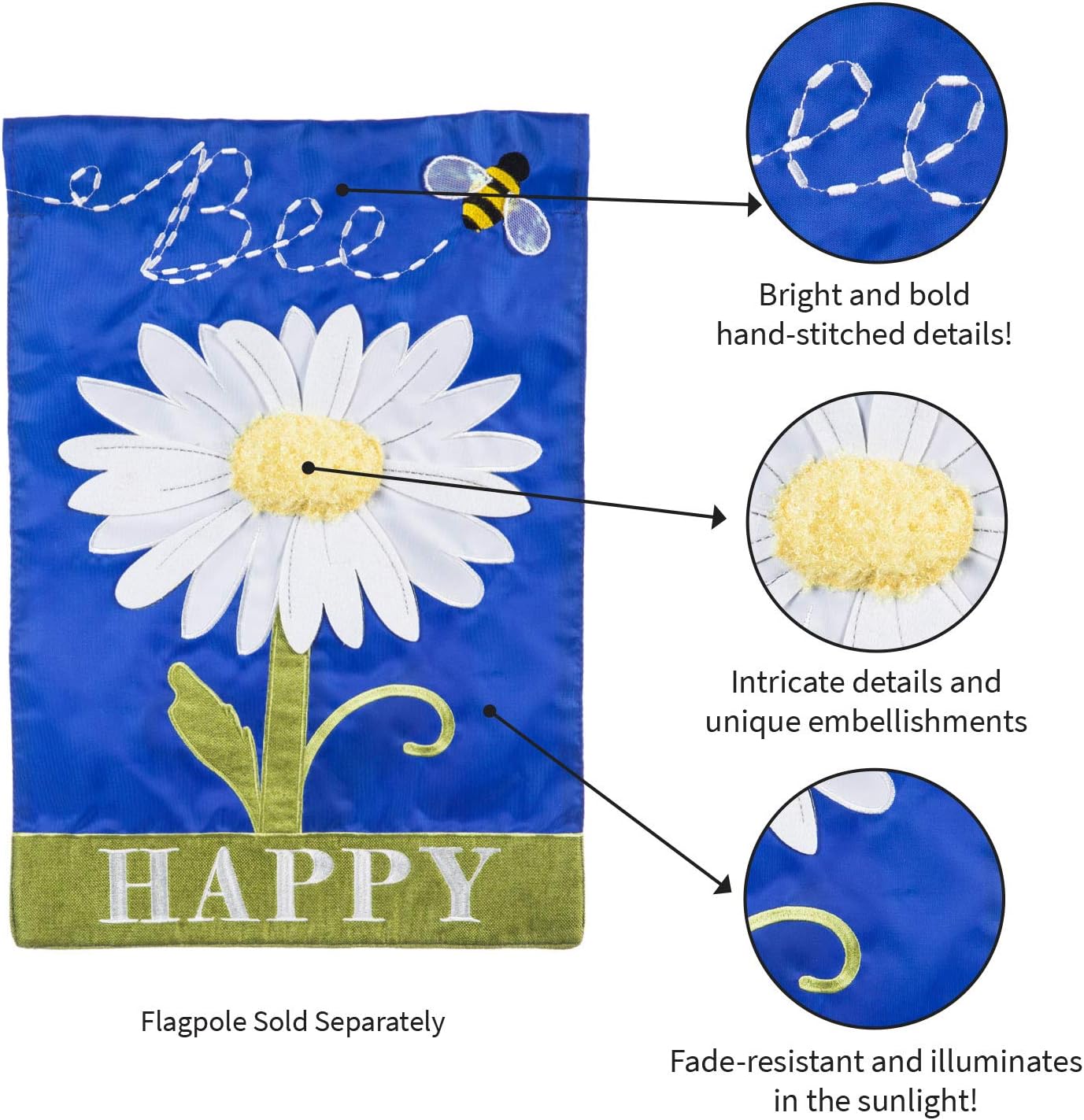 Evergreen Flag Bee Happy Daisy Garden Applique Garden Flag - 12.5 x 18 Inches Outdoor Decor for Homes and Gardens