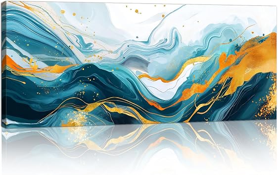 FajerminArt Large Framed Abstract Green Gold Wavy Canvas Wall Art, Modern Nordic Minimalist White Pictures Painting on Print Canvas Poster Decor for Living Room, Bedroom, Ready To Hang 50cmx120cm