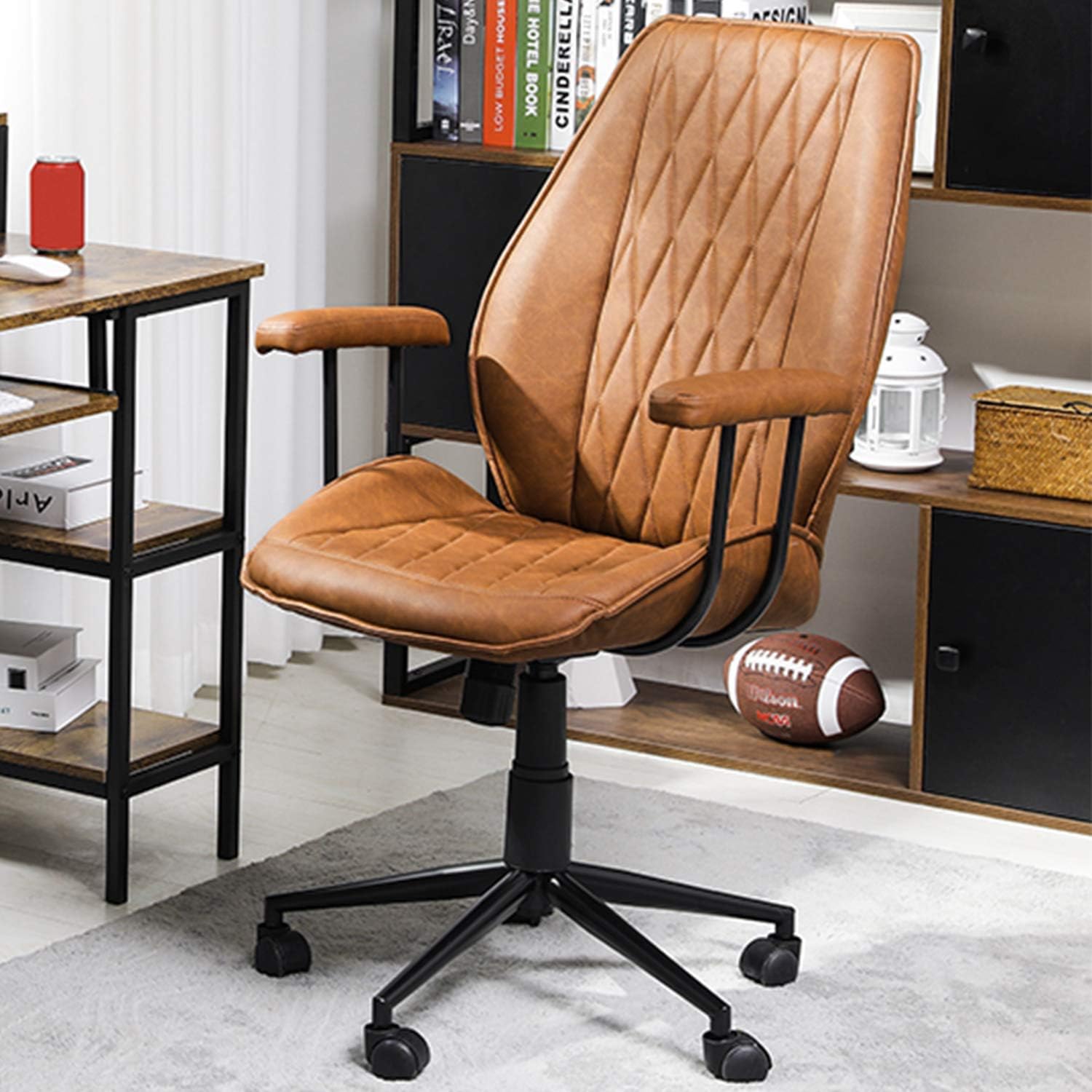 DICTAC Home Office Chair Leather Computer Chair Ergonomic Task Chair Mid Back Swivel Home Office Chair Adjustable Racing Chair Armrest for Executive or Home Office Brown Capacity 400lb : Home & Kitchen