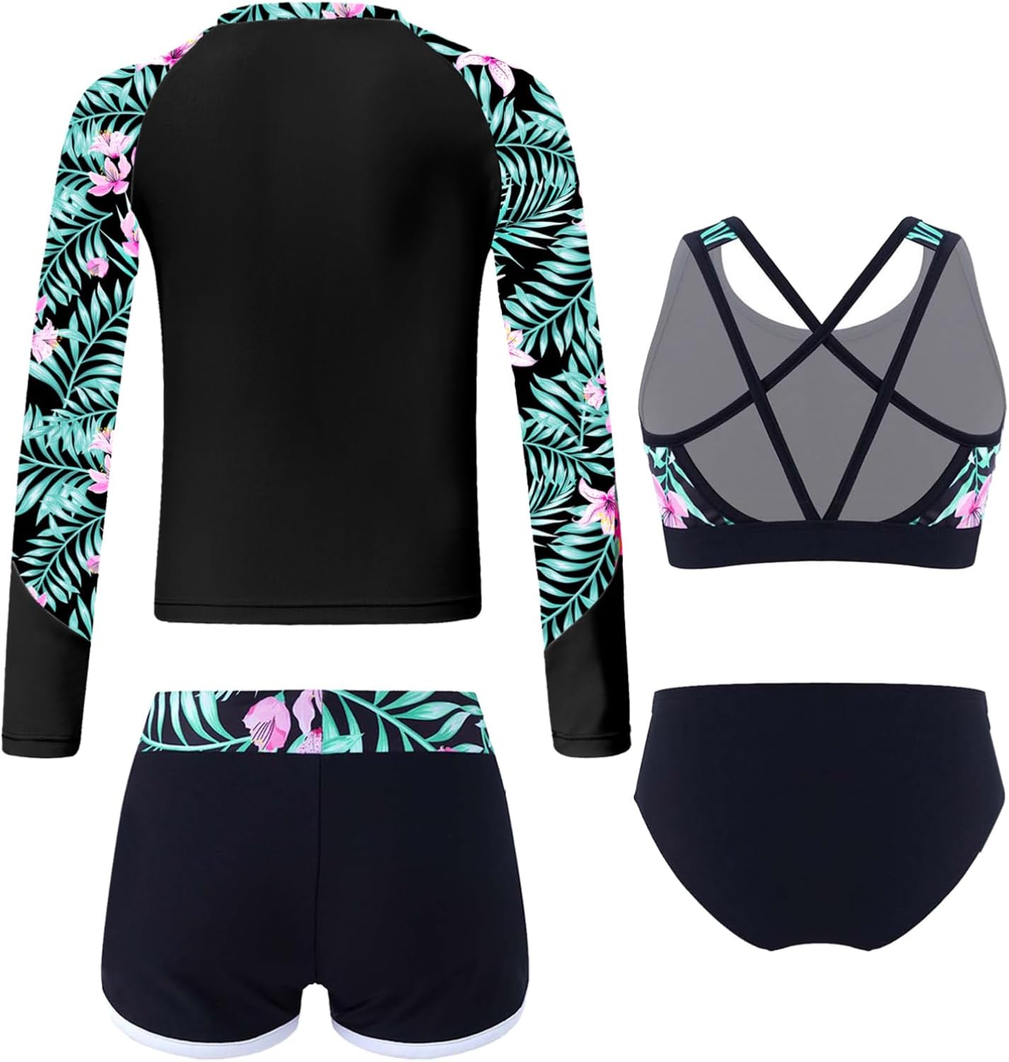 4Pcs Kids Girls Printed Swimsuit Long Sleeve Top with Crop Top and Shorts Briefs Rashguard Sets