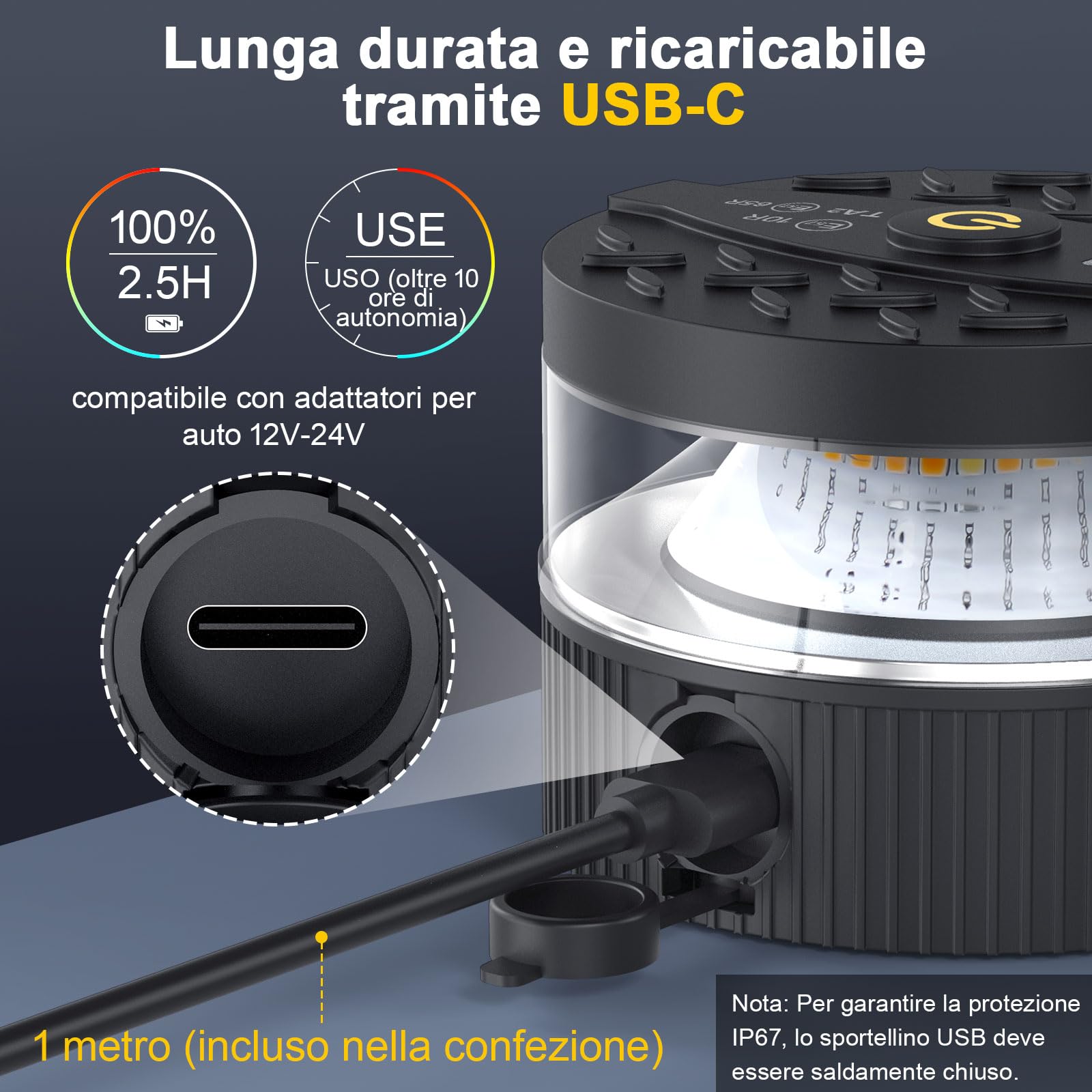 Lampeggiante LED Auto Magnetico Ricaricabile, 32 LED Arancione, USB-C & Impermeabile IP67, 8 Modalità Flash & Visibilità 200m per Camion, Trattore, Muletto, Rimorchio & Emergenza
