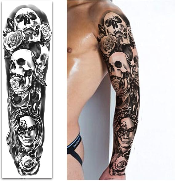 Full Arm Temporary Tattoos 8 Sheets and Half Arm Fake Waterproof Tattoos 8 Sheets, Extra Large Tattoo Stickers for Men and Women 22.83X7.1