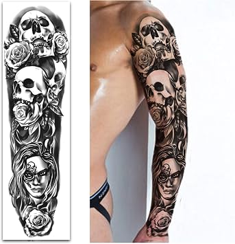 Full Arm Temporary Tattoos 8 Sheets and Half Arm Fake Waterproof Tattoos 8 Sheets, Extra Large Tattoo Stickers for Men and Women 22.83X7.1