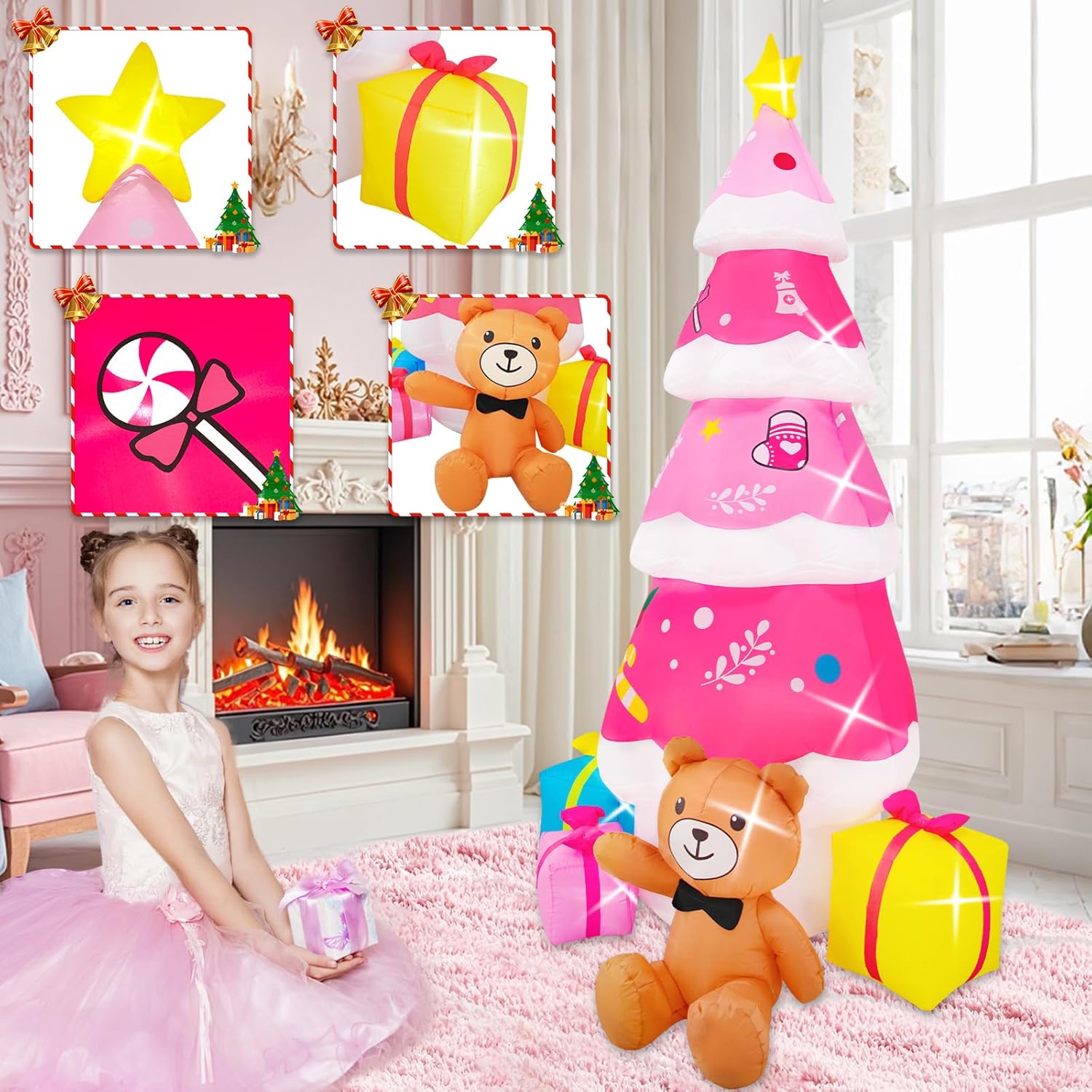 Spinosaurus 8 FT Christmas Inflatable Outdoor Decoration,Pink Inflatable Tree Blow Up Bear Christmas Decor for Xmas Party Yard,Garden Decor