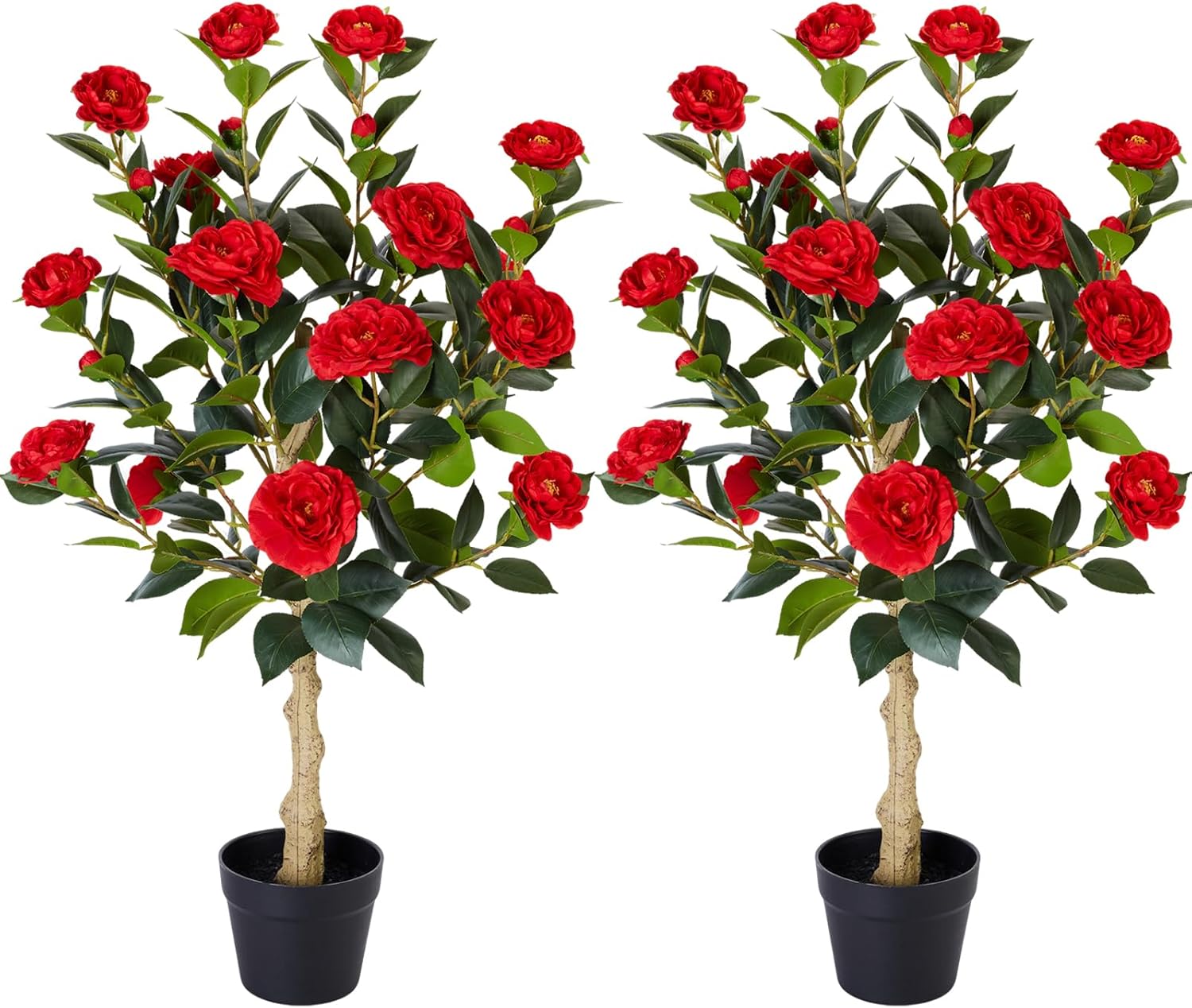 3FT Artificial Camellia Tree, 2 Pack Fake Camellia Tree Artificial Tree, Faux Floral Plants in Cement Pot, Greenery Potted Plant for Indoor Outdoor Home Office Porch Decor (Red)