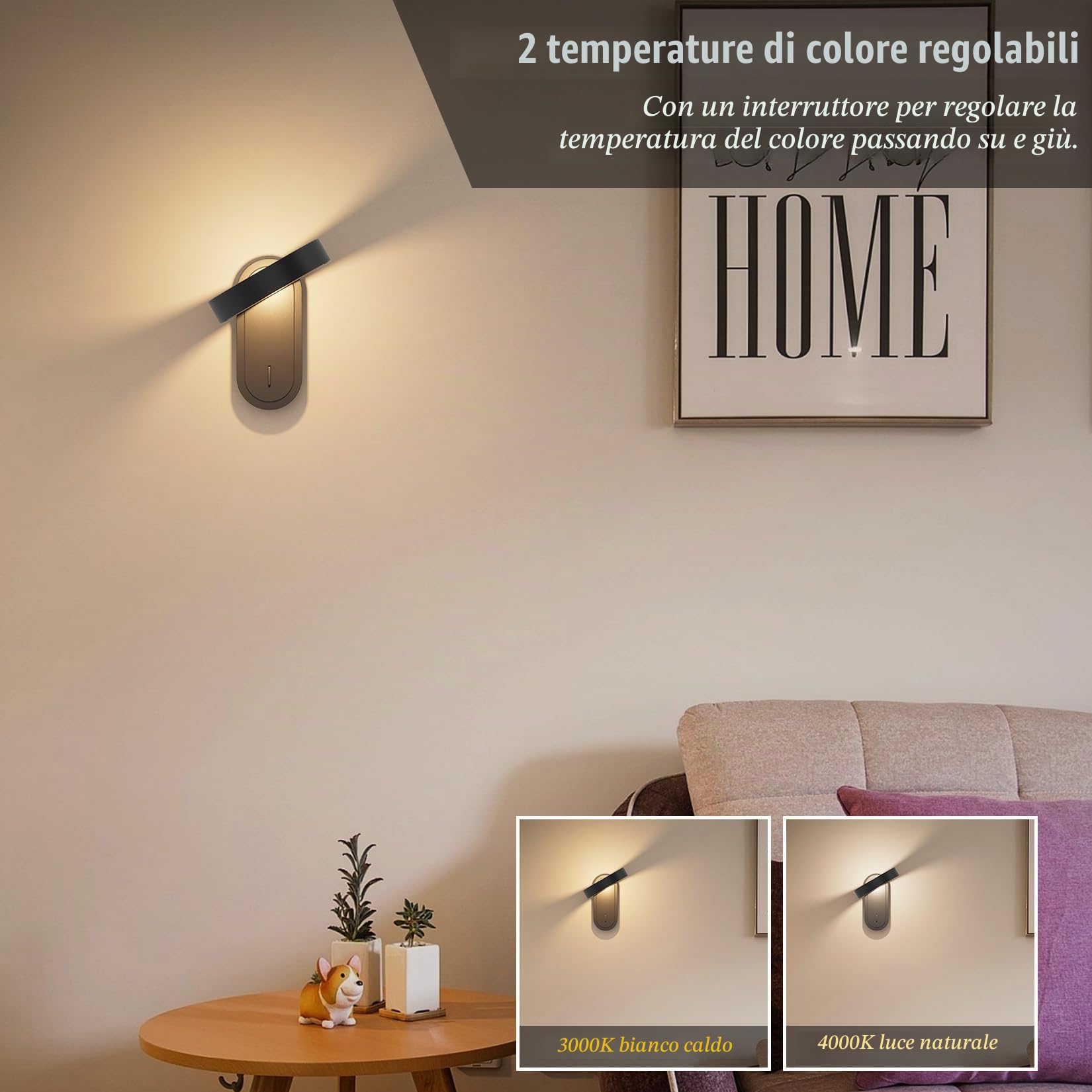 Klighten Applique Parete Interno 3000K/4000K con interruttore 5W Antracite | Alluminio, 330° Orientabile, Lampada da Parete Led Interno, per Scale Soggiorno, Bianco caldo/Bianco neutro