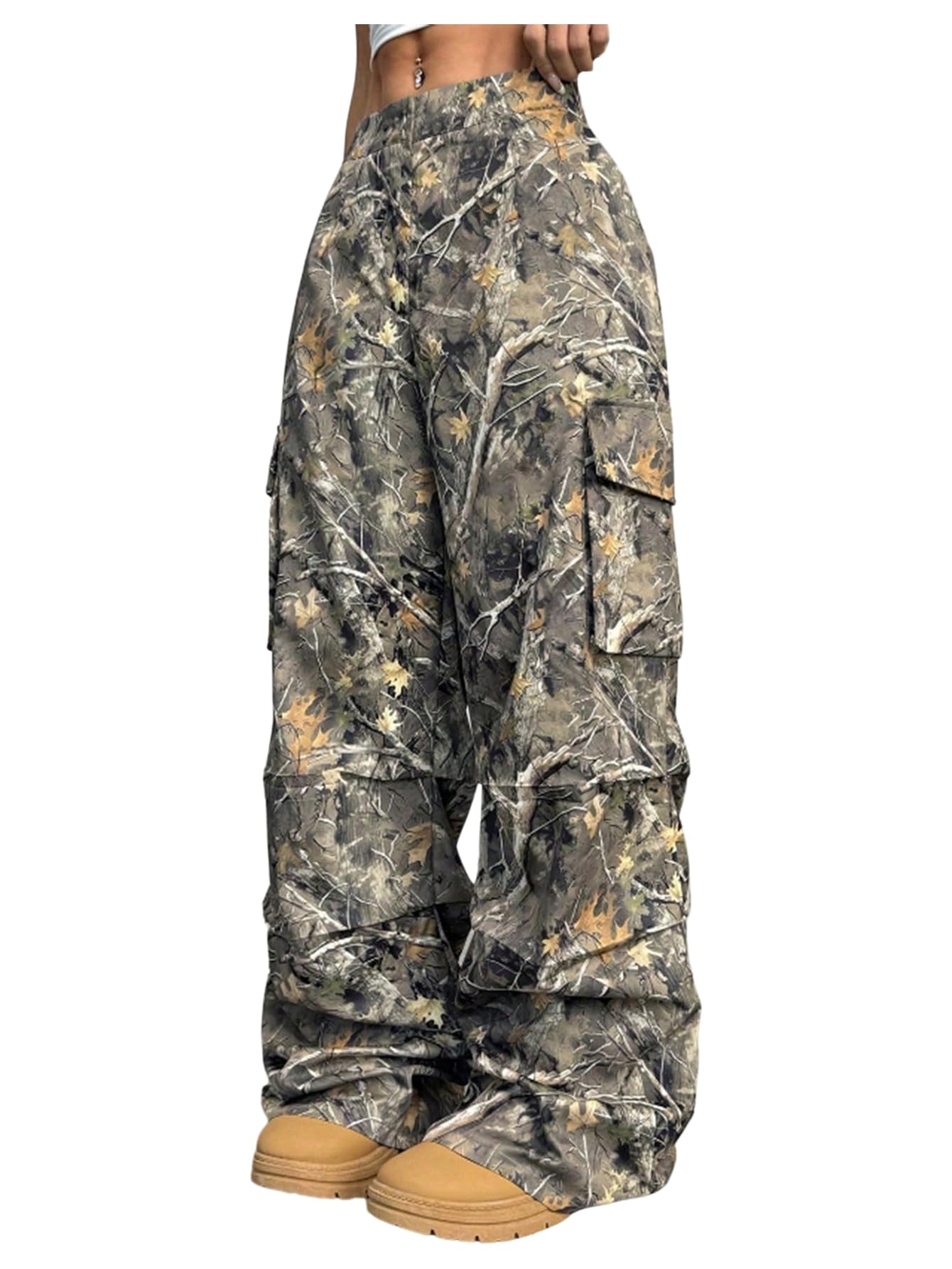 SOLY HUX Womens Plus Size Camo Cargo Pants Y2k Baggy Wide Leg Parachute Pants Streetwear