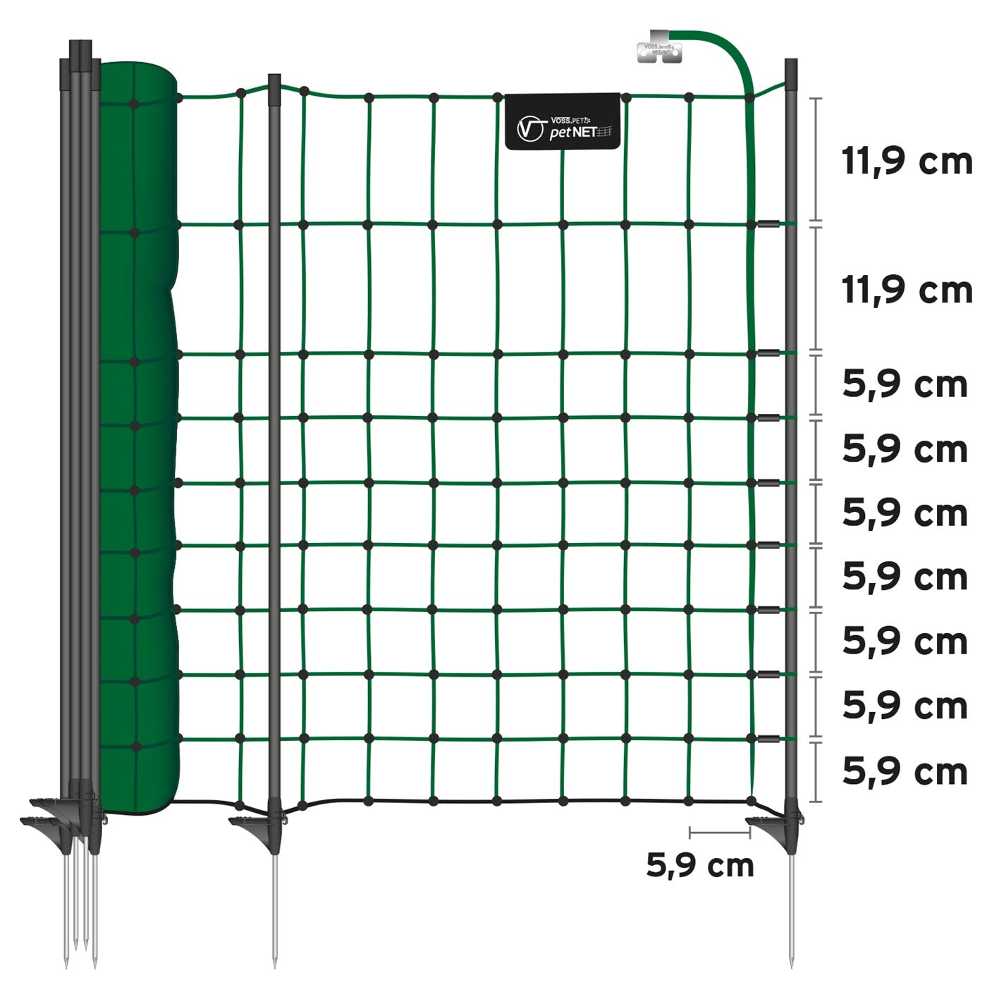 VOSS.PET Rete elettrificabile Pet.Net+, per Piccoli Animali, Altezza 65 cm, Lunghezza 15 m, 14 Pali Neri a Punta Singola, Colore Verde