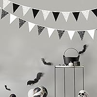 Vista 4 de Banderín blanco y negro de 32 pies de tela de encaje triangular, guirnalda de banderines de algodón para boda, cumpleaños, aniversario, fiesta