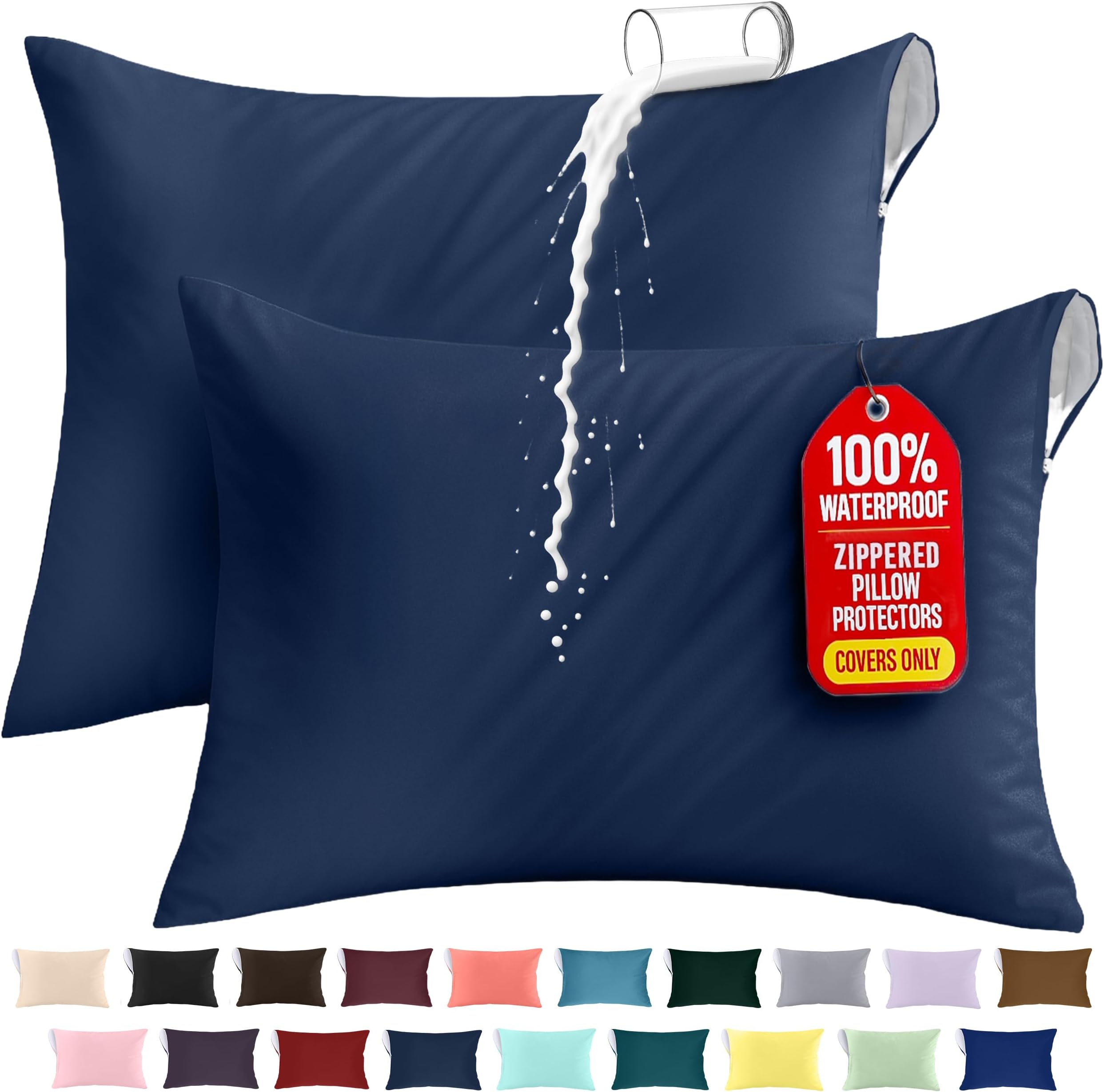 Utopia Bedding Waterproof Zippered Pillow Encasement Jersey Fabric 20 x 28 Inches (Queen, Navy - 2 Pack)
