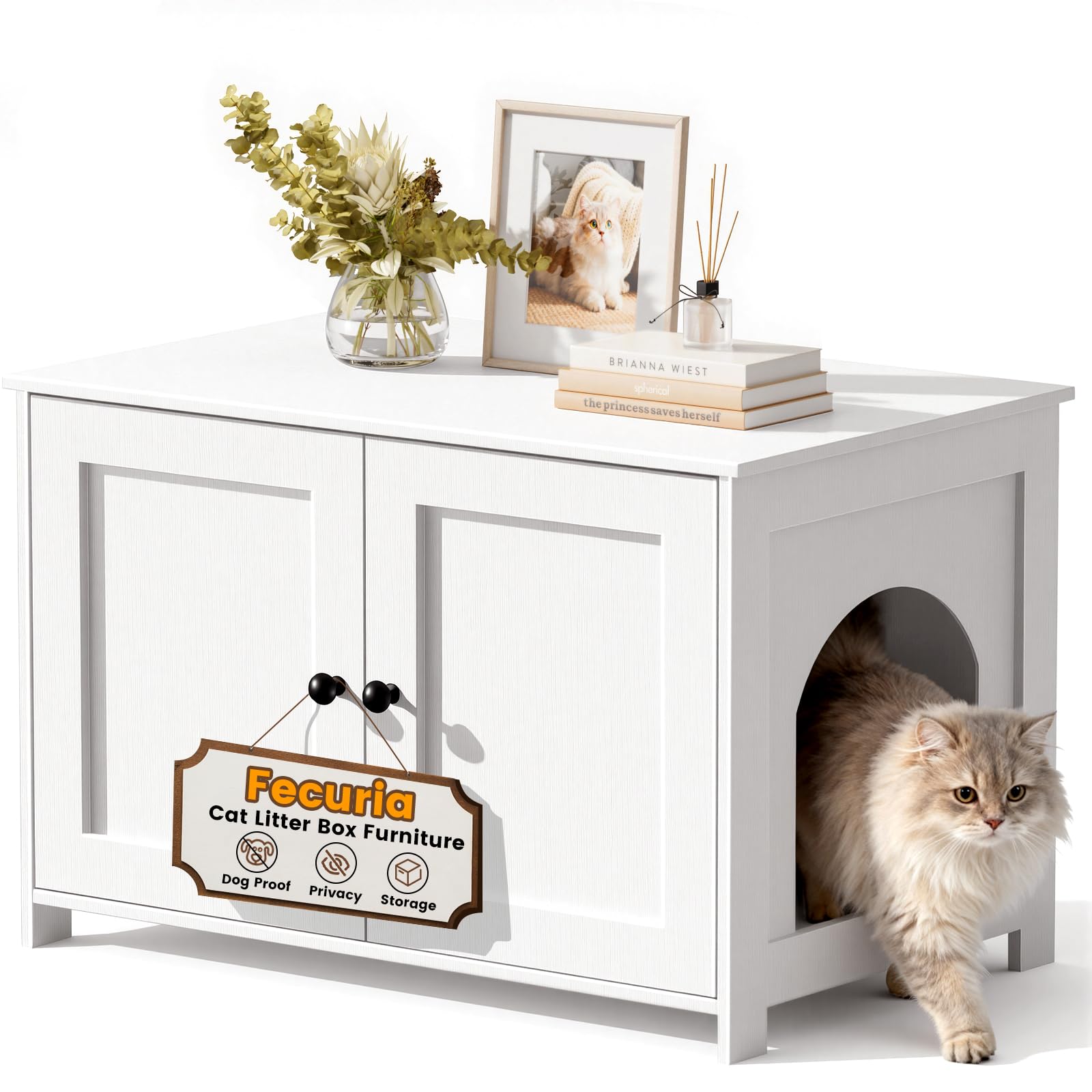 Fecuria Cat Litter Box Enclosure Furniture Dog Proof, Hidden Kitty Washroom Cabinet Low Entry, Wooden Cat Boxes Enclosure Odor Control for Home, Farmhouse Style Decorative TV Stand with Storage, White