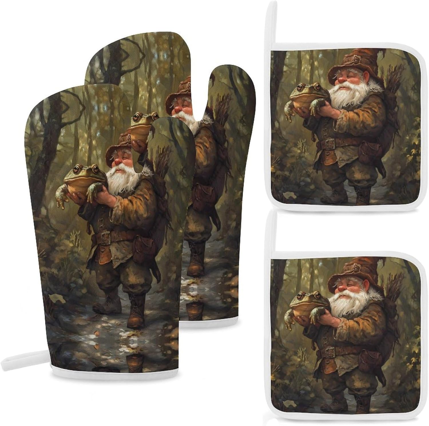 Gnome Hunting Toad Frog Forests Oven Mitts and Pot Holders 4Pcs Set Heat Resistant Cooking Mitts Hot Pads
